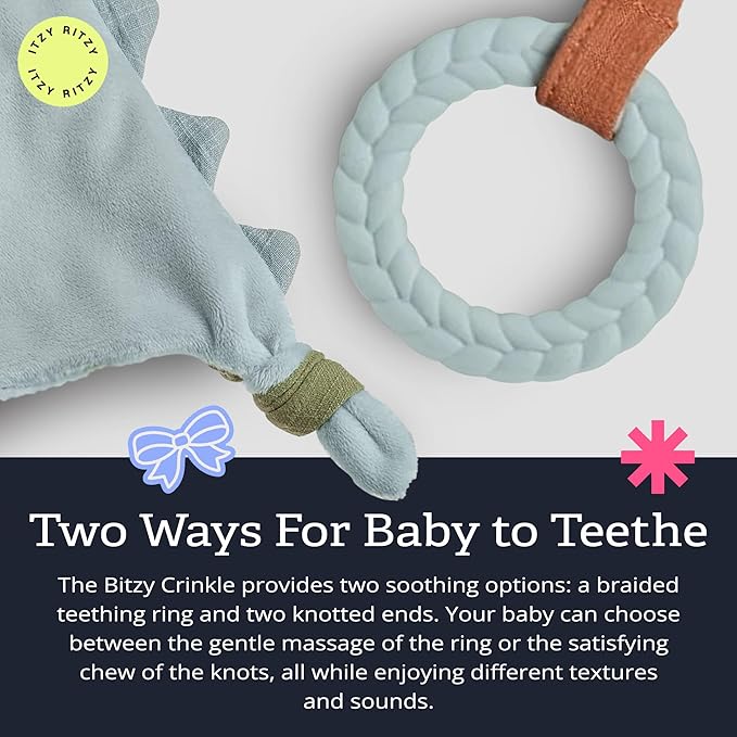 Itzy Ritzy - Bitzy Crinkle Sensory Toy Dinosaur with Crinkle Sound for Babies & Toddlers - Features Soft Braided Teething Ring & Textured Ribbons, Designed for Ages 0 Months and Up, Dinosaur