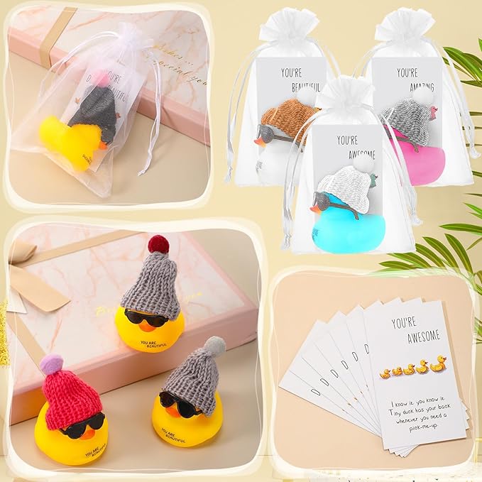 Liliful 2 Inch Rubber Employee Appreciation Gift Ducks Bulk with Hats Glasses You Are Awesome Sign Card for Staff Team Coworker Friends(12 Sets,Colorful)