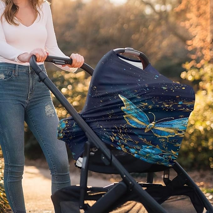 Blue Butterfly Car Seat Canopy for Baby Girls,Floral Pattern Nursing Cover Elastic Breastfeeding Cover Soft Car Infant Seat Cover