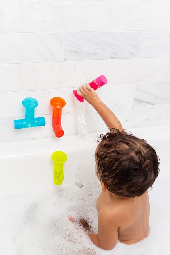 Boon Pipes Toddler Bath Toys - Interactive Toddler Sensory Toys - Suction Bath Toys for Hand Eye Coordination and Fine Motor Skills - Multicolored - 5 Count- Ages 12 Months and Up