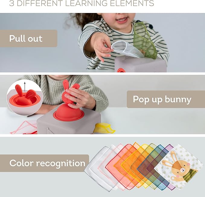 Taf Toys Baby Tissue Box Toy Silicone Baby Toys 6-12 Months Montessori Toys Sensory Activity & 10 Tissues for Fine Motor Development Soft Interactive Silicone Learning Cube for 1 Year Old Toddlers