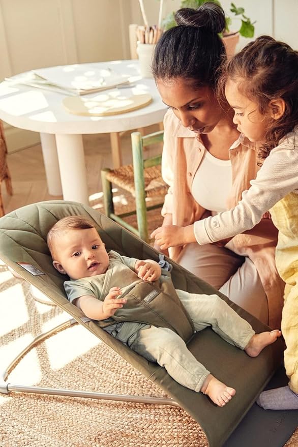 BabyBjörn Bouncer Bliss, Dark Green, Woven, Petal Quilt | 2-in-1 Adjustable Baby Bouncer Seat and Toddler Chair, Newborn to Toddler (8-29 lbs), 4 Positions, Lightweight & Portable