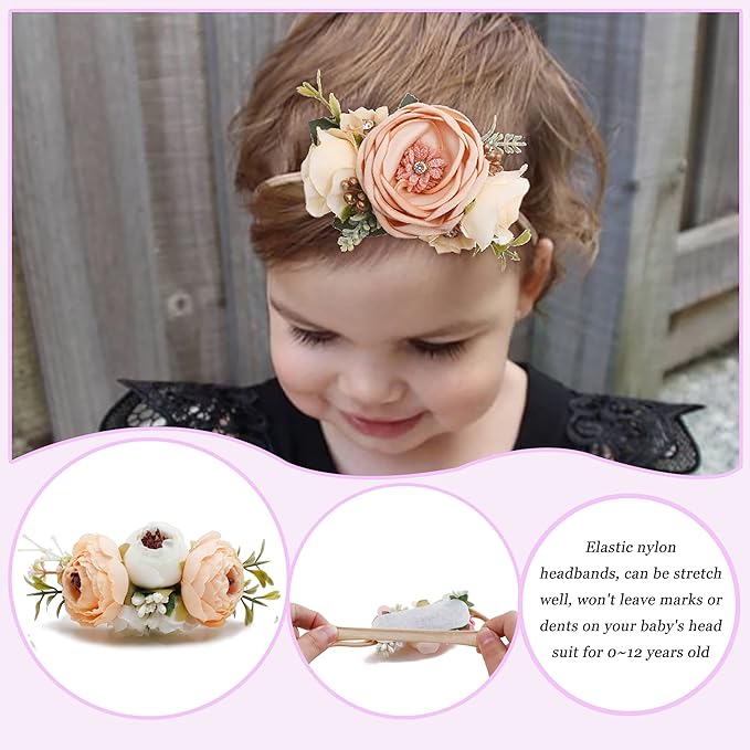 Baby Girl Flower Headband 4 PCS Elastic Hairbands Handmade Nylon Bows Headbands Chic Floral Hair Accessories Kids Gifts for Newborn Infant Toddlers