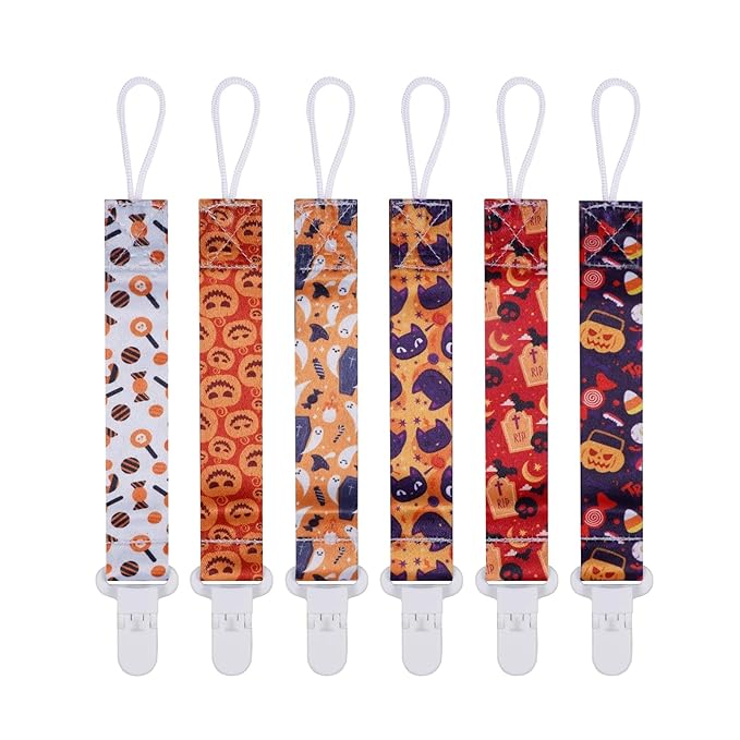 Baby Pacifier Clip,Paci Leash Binky Clips for Baby Boys and Girls,Newborn Essentials,Pack of 6 Gift Set. (Halloween)