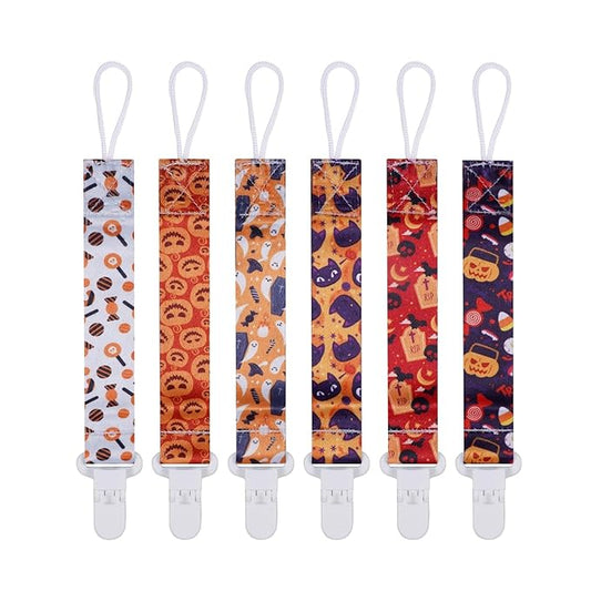 Baby Pacifier Clip,Paci Leash Binky Clips for Baby Boys and Girls,Newborn Essentials,Pack of 6 Gift Set. (Halloween)