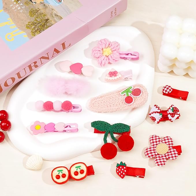Hair Clips for Girls 20 Pcs Assorted Barrettes for Kids Cheery Bows Heart Pink Red Cute Hair Accessories for Little Girls Teens Toddlers Child Kids Gifts