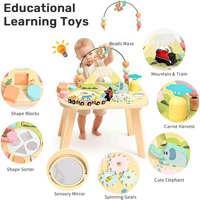 WINGYZ Activity Table for 1 Year Old Toddler, 9-in-1 Morandi-Colored Wooden Montessori Toys, Baby Play Table with Bead Maze Shape Sorter Train Toy, Educational Gifts for 12 Months+ Kids Boys Girls