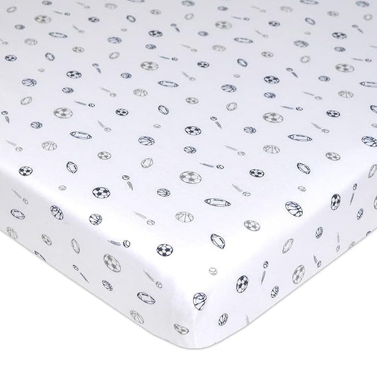 TL Care 100% Natural Cotton Fitted Pack and Play Sheet 39" x 27" - Soft & Breathable Pack N Play Sheet for Playpen, Playard & Mini Crib Mattress, Navy/Grey Sports, for Boys & Girls