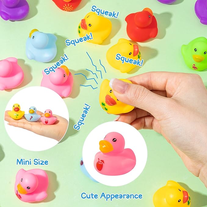 Haooryx Summer Mini Rubber Duck - 120Pcs Hello Summer Ducky Squeak Bathtub Float Bath Toy Novelty Squeak Duck for Kids Holiday Party Decor Classroom Reward Birthday Gift Baby Shower Party Favor Supply