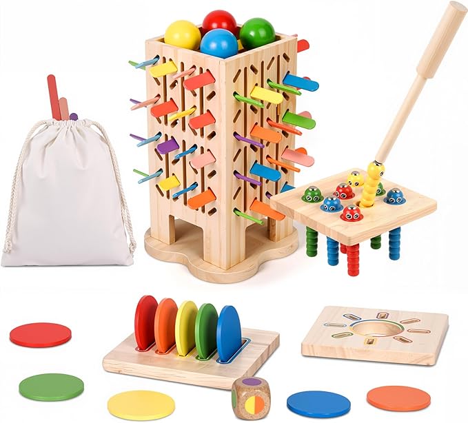 Montessori Toys Set for Kids 3 4 5 6 Year Olds, 5-in-1 Fine Motor Preschool Learning Toys, Educational Sensory Color Sorting & Board Games for Toddlers, Birthday Gifts for Boys Girls
