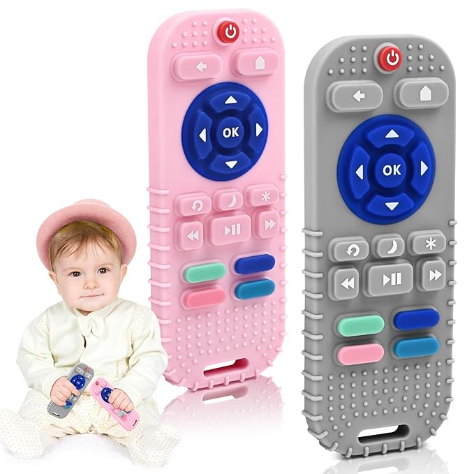 Teething Relief Teethers Toys for Babies 3 6 9 12 Months Gifts Essentials, Silicone Sensory Remote Control Baby Chew Toy for Newborn Infant Boy Girl Autism Birthday Gift, Gray & Pink