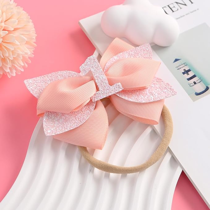 Glitter Birthday Hair Bow for Baby Girls 1 2 3 4 5 6 Years Peach Party Decoration Hair Accessories Headband for First 1st One Birthday