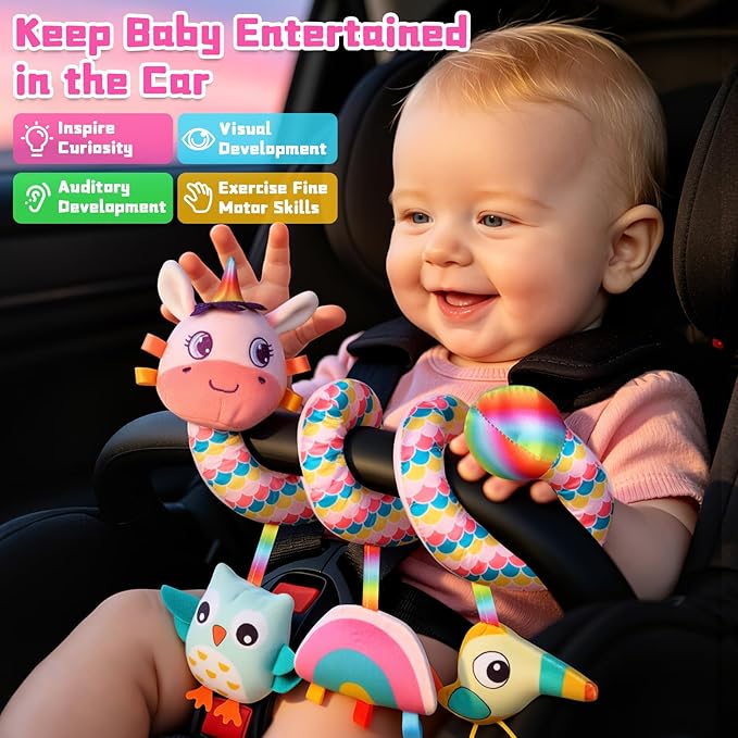 Car Seat Toys for Infants 0-6 months, Spiral Hanging Crib Stroller Activity Toys with Rattles, Baby Car Seat Accessories Toy for Developing Sensory & Motor Skills, Ideal Gift for Newborn Infant