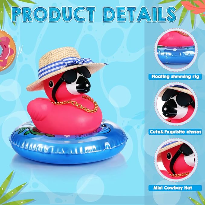 Sotiff Rubber Flamingo Pink Flamingo Rubber Ducks Squeaky Mini Ducks with Mini Straw Hat Swim Ring Gold Chain and Sunglasses for Car Decor Summer Birthday Swimming Party Gift Favor(Vintage)
