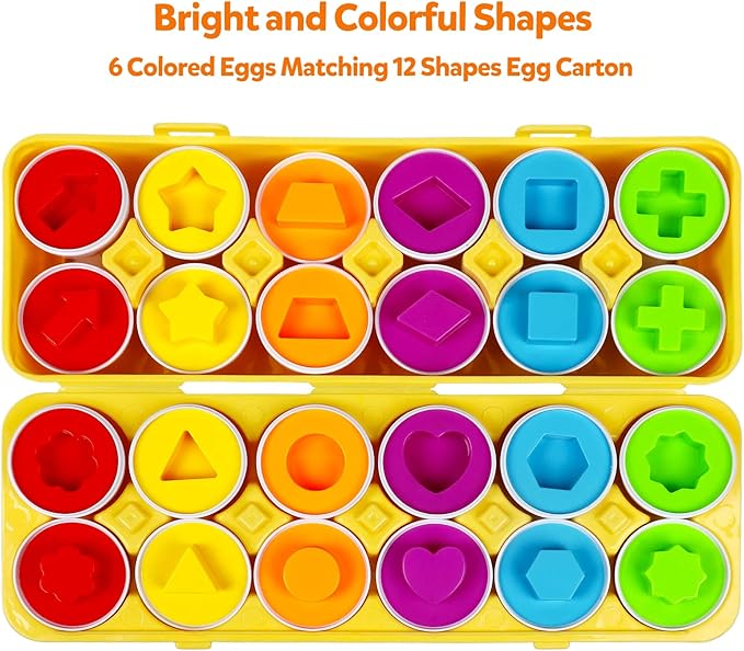 Montessori Geometric Eggs,12 pcs Set Color & Shape Egg Puzzle Toys Matching Eggs for Toddlers 1-3,Preschool Educational Sorting Game Fine Motor Toy Easter Gifts for Kids Boys Girls