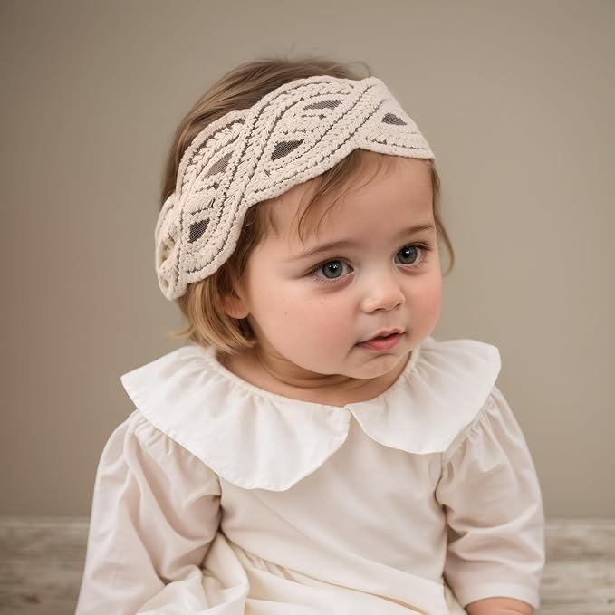 Lace White Bow-knot Baby Girls Headband Birthday Shower Infant Wrap Elastic Flower Baby Turban Hairband for Newborn Infant Toddler Kids (Wave, Elastic)