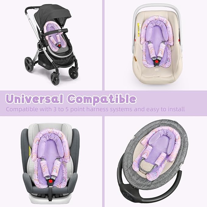 Infant Car Seat Insert with 2 Strap Pads, Carseat Cushion Baby Boy & Girl, Soft and Comfortable Carseat Head Support for Newborn, Purple Rainbow