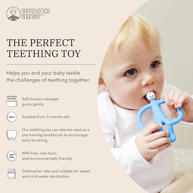 Matchstick Monkey Original Teether & Gel Applicator – Silicone Baby Teether, Easy-to-Grip, BPA-Free, Supports Self-Soothing & Early Brushing, 3 Months+, 4 Inches, Light Blue