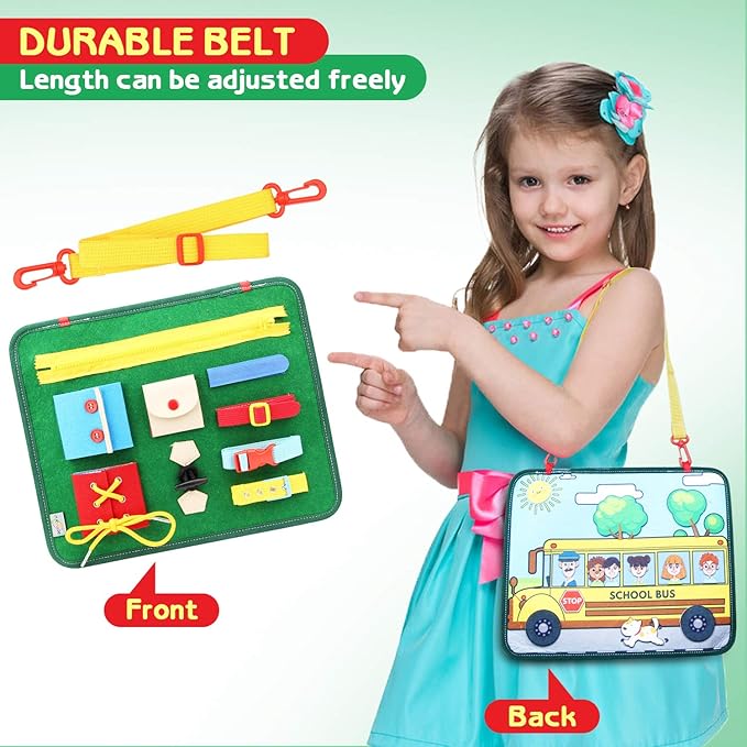 Toddler Busy Board | Colorful Activity Sensory Play Set to Stimulate Motor Skills, Learning & Fun | Educational Tool for Hand Eye Coordination & Basic Dressing Skills | School Bus Back | Travel Size