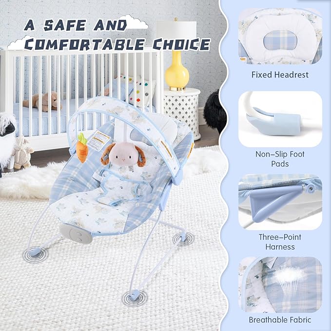 Portable Baby Bouncer Seat with 8 Melodies, 3 Vibration Levels & Adjustable Volume, Foldable Infant Bouncer Rocker with Safety Harness for Baby 0-6 Months, Indoor & Outdoor Use BR2401