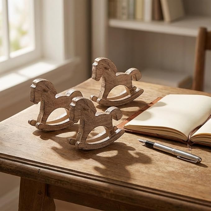 LOGOFUN 3PCS Vintage Carved Wooden Rocking Horse Tabletop Ornament for Party Favor Room Home Office Desk Centerpiece Decor - Brown