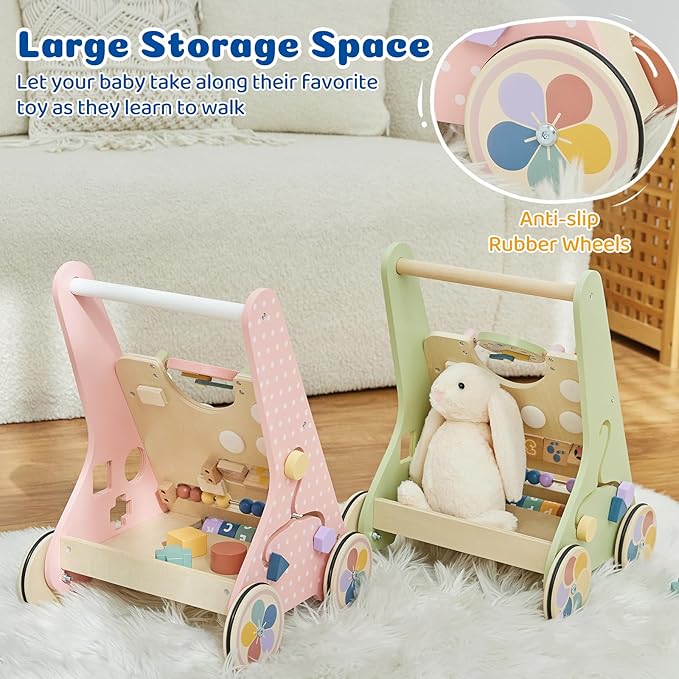 Pink Baby Push Walker for Girls 10+ Months, Wooden Baby Walker Push Toy with Storage, Learning to Walk, Montessori Walker Toy with Wheels, Toddler Activity Center for 12-18 Months
