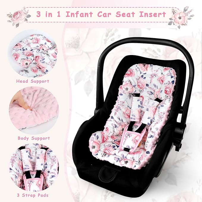 SWESEN Infant Car Seat Insert with 3 Strap Covers Set, Car Seat Head Support Baby for Girls, Soft 3 in 1 Baby Car Seat Cushion for Strollers, Bouncers, Swing, Floral