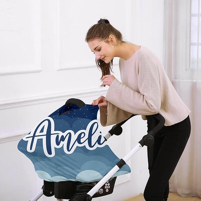 Custom Name Car Seat Canopy - Baby Car Seat Covers, Infant Stroller Cover, Haze Blue Star Carseat Canopy Christmas Birthday Gifts for Girls and Boys