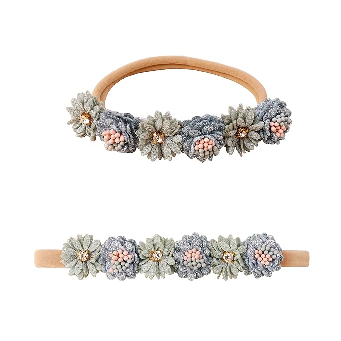 Baby Girl Flower Headbands and Bows, Stretchy Soft Nylon Floral Crown, 3pcs Handmade Hair Accessories for Newborn Infant Toddler
