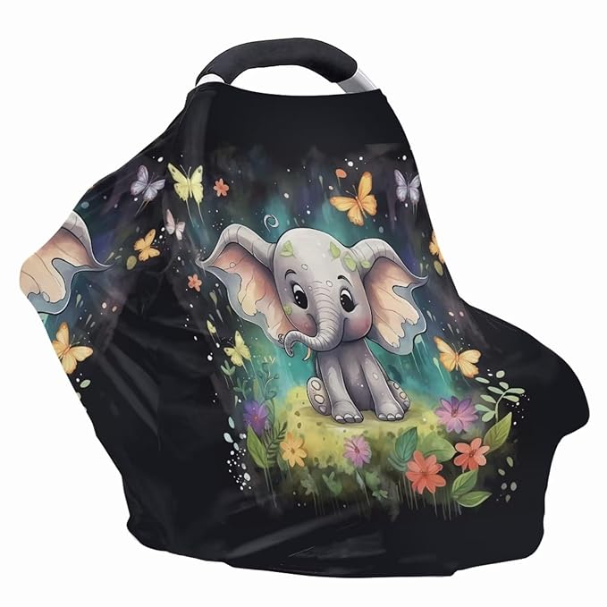 ZFRXIGN Elephant Car Seat Cover for Baby Stretchy Carseat Cover for Girls Nursing Cover Butterfly Canopy Lightweight High Chair Cover Flower Black