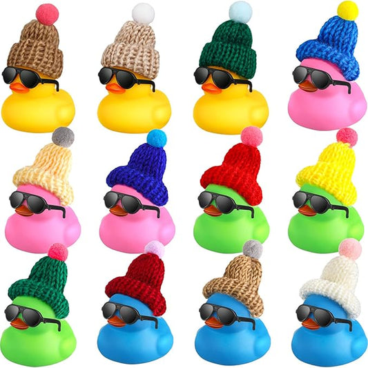 Chivao 12 Pcs Mini Rubber Ducks with Sunglasses/ Glasses and Hats/ Necklace, Cruise Rubber Ducks in Bulk Small Bathtub Toy for Hiding Party Favor(Fresh Color,Vivid Style)