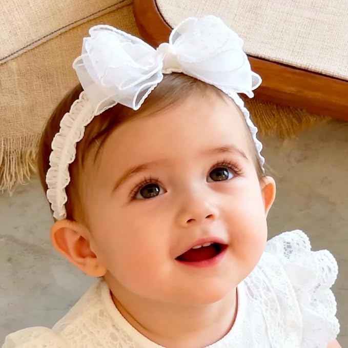 Baby Girls Headband White Bow Lace Headbands Soft Elastic Bowknot Hairbands Cute Hair Accessory for Newborn Kids Infant Toddler Baptism Birthday Party (Bow D)