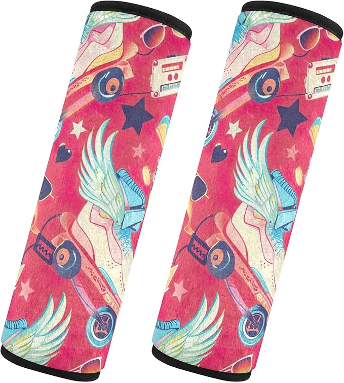 CHIFIGNO Playful Cartoon Roller Skates Red Seat Belt Cover Pad Soft Shoulder Seatbelt Pads Pack of 2 Car Seat Shoulder Pads Protect Your Neck and Shoulder