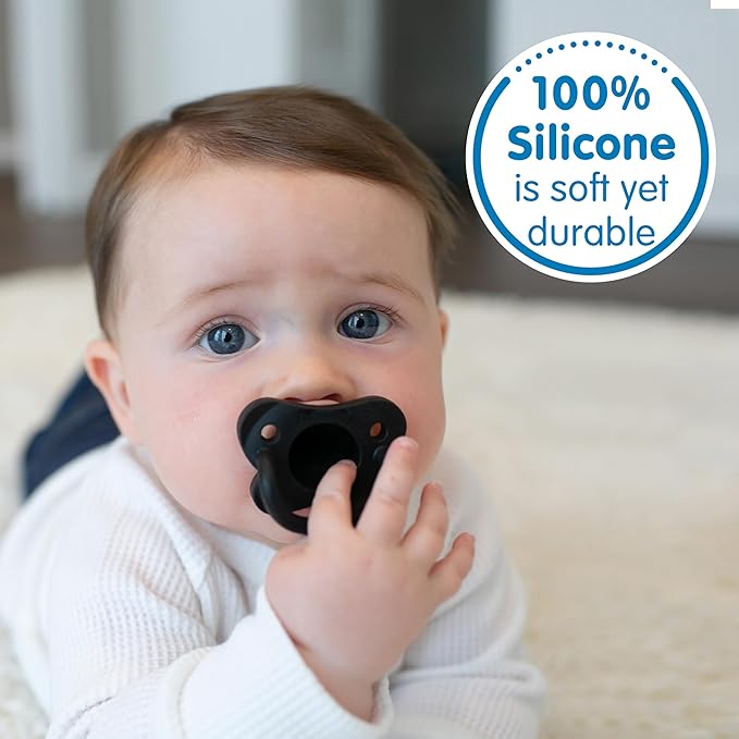Dr. Brown's HappyPaci 100% Silicone Baby Pacifier, Contoured One-Piece Design, Black/Gray/White - Value Pack, 0-6m, BPA-Free, 6-Pack