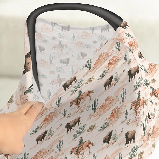 Vintage Cowboy Buffalo Car Seat Covers for Babies Retro Bison Cactus Stretchy 5-in-1 Cover Adjustable Car Canopy Breastfeeding Cover Western Desert Breathable Nursing Cover-Up