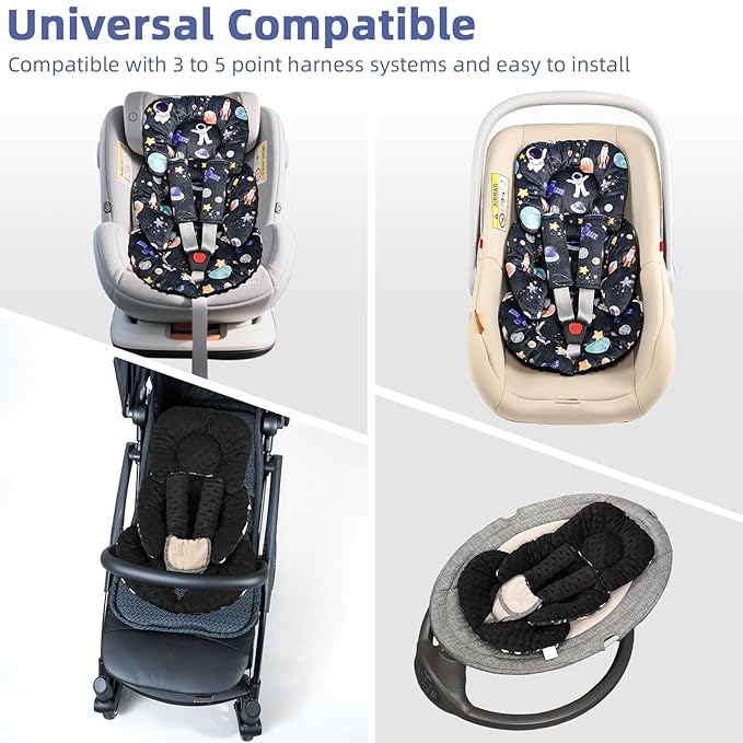 Infant Car Seat Insert Cushion, Baby Car Seat Head Body Support for Girls & Boys, Reversible Newborn Car Seat Insert with 2 Extra Strap Paddings, Premature Car Seat Cushion, Black Space