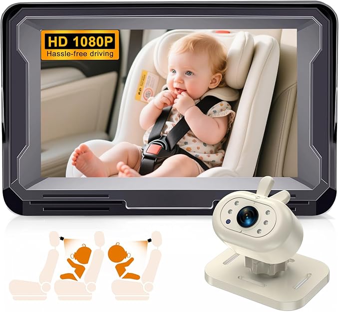 AMTIFO Baby Car Camera 1080P HD Plug-Play Monitor: 4.3 Inch IPS Display with Sun Visor - 150° Wide-Angle 360° Swivel Backseat Cam, Infrared Night Vision, Rabbit Design - Beige