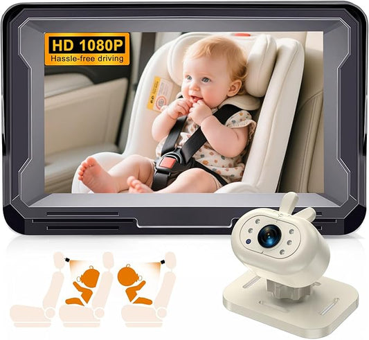 AMTIFO Baby Car Camera 1080P HD Plug-Play Monitor: 4.3 Inch IPS Display with Sun Visor - 150° Wide-Angle 360° Swivel Backseat Cam, Infrared Night Vision, Rabbit Design - Beige