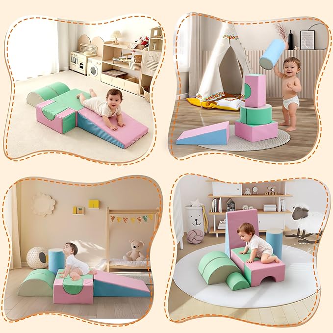 Toddler Climbing Toys Indoor, 5-Piece Foam Baby Climbing Blocks, Soft Play Climbing Set for 1-3 Years Old, Modular Crawling & Sliding Equipment, Waterproof Easy to Clean (Pink)