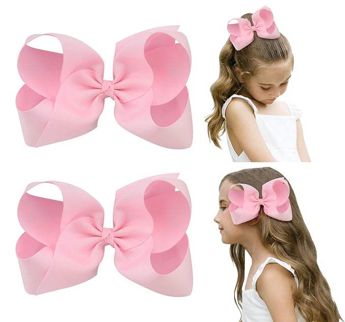 DEEKA 2 PCS 6" Big Hand-made Grosgrain Ribbon Solid Color Hair Bows Alligator Clips Hair Accessories for Little Teen Toddler Girls Kids Set of 2 -Light Pink