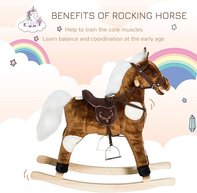 Qaba Kids Metal Plush Ride-On Rocking Horse Chair Toy with Nursery Rhyme Music - Dark Brown