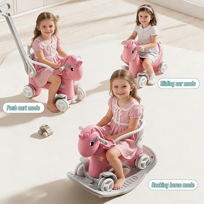 4 in 1 Rocking Horse for Toddlers 1.5-3Years, Baby Ride on Toy with Detachable Balance Board,Footrest and 4 Smooth Wheels, HDPE Material and 40° Swinging,Balance Bike