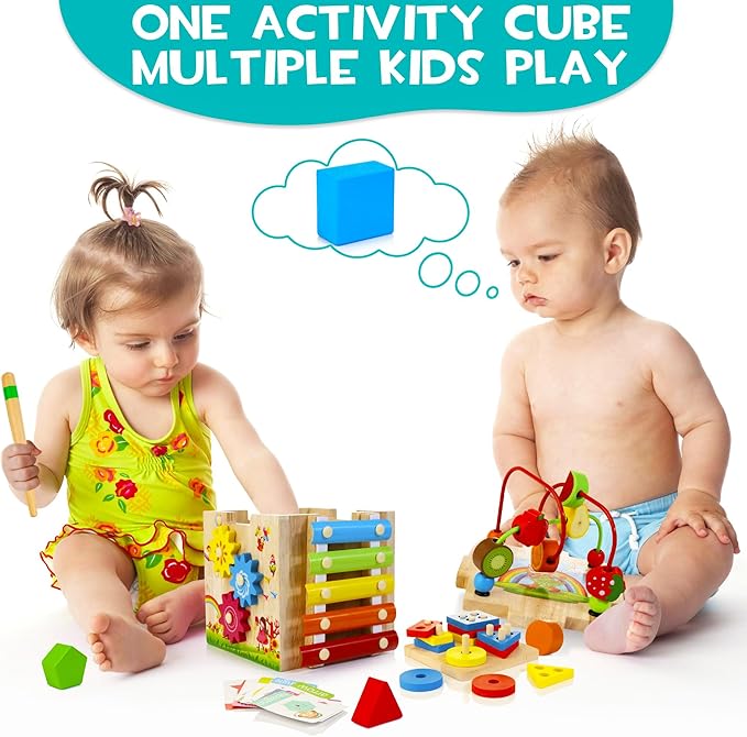 HELLOWOOD Wooden Activity Cube, 8-in-1 Montessori Baby Toys for 1+ Year Old Boys & Girls, Educational Learning Toys for Toddlers Age 1-2, 1st Birthday Gift | Bonus Sorting & Stacking Board