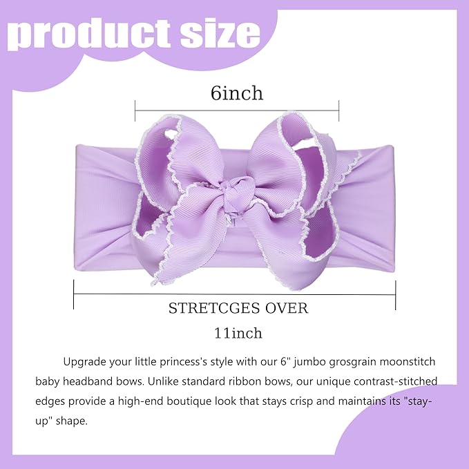 6'' Jumbo Purple Baby Girls Bow Headbands, Handmade Grosgrain Moonstitch Boutique Baby Headwraps, Super Stretchy Soft Nylon Headbands for Newborns, Infants & Toddlers
