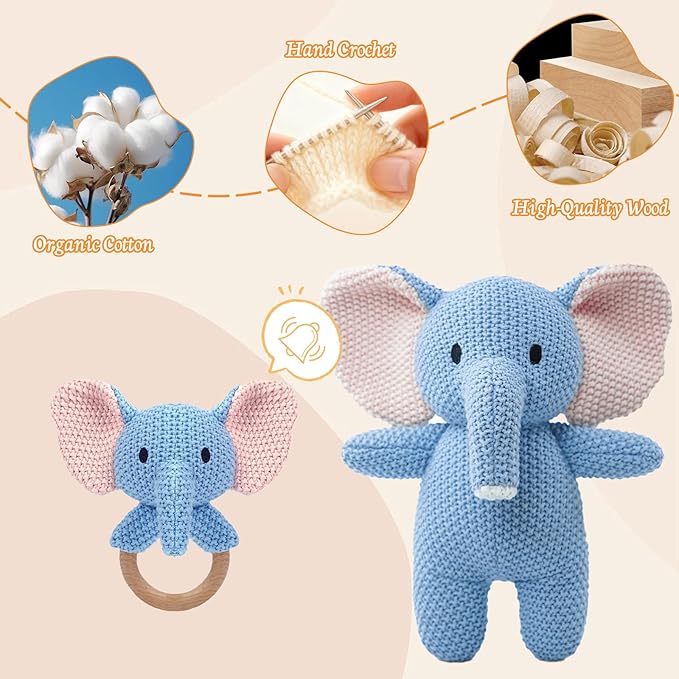 10" Crochet Elephant Stuffed Animal with Rattle, Pure Cotton Soft Crochet Doll Plush Toy for Newborn, Handmade First Birthday Gift