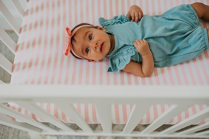 NODNAL CO. 3 Fitted Pink Mini Crib Pack n Play Playard Portable Crib Sheets Set - 100% Oeko-TEX Cotton Baby Girl Nursery Bedding - Chevron, Polka Dot, & Stripe Travel Pack and Play Playpen Sheet