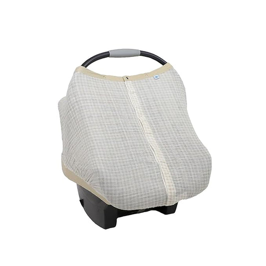 Little Unicorn Baby Car Seat Canopy | Soft & Breathable Muslin Fabric | Magnetic Closure Cover & Universal Fit | for Protection & Privacy | Nursing Cover (Tan Gingham)
