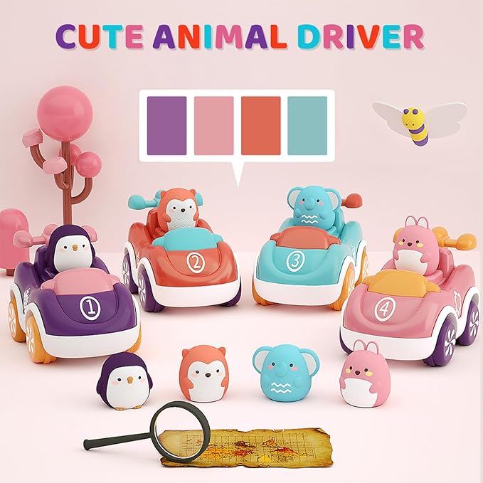 Marstone Toys for 1+ Year Old Girl, 4 Pack Animal Cartoon Push Cars Educational Toys for Toddlers 1-3 Years, Baby Car Toys for One Year Old Girl Birthday Gift,Baby Toys 12-18 Months