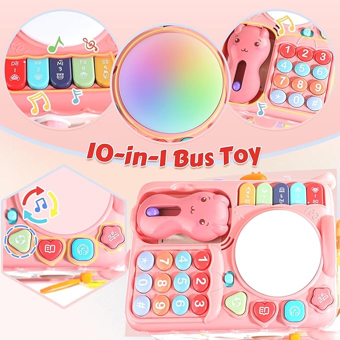 Montessori Toy for 1+ Year Old Girls, 10-in-1 Musical Learning Bus Baby Toys for 12-18 Months Present, Educational Developmental Sensory Toy, First Birthday Gifts for 1 Year Old Girl Toddlers