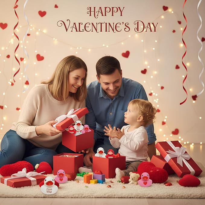 Lunmon 200 Pcs Valentine's Day Rubber Duck Heart XOXO Valentines Duck 1.4 Inch Pink Red White Float Toys for Party Favors Prizes Exchange Gifts Goodie Bag Fillers, 3 Styles